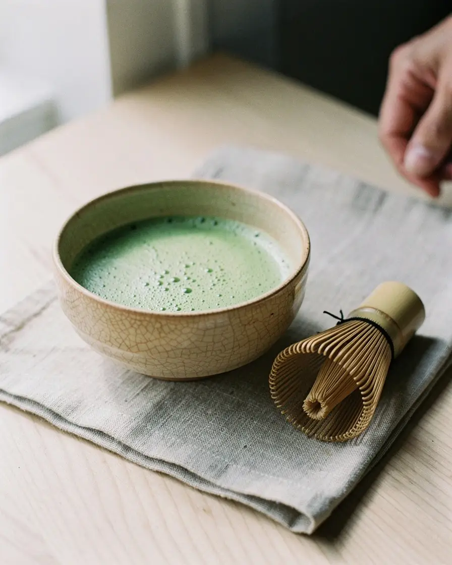 A whisked bowl of usucha beside a bamboo chasen