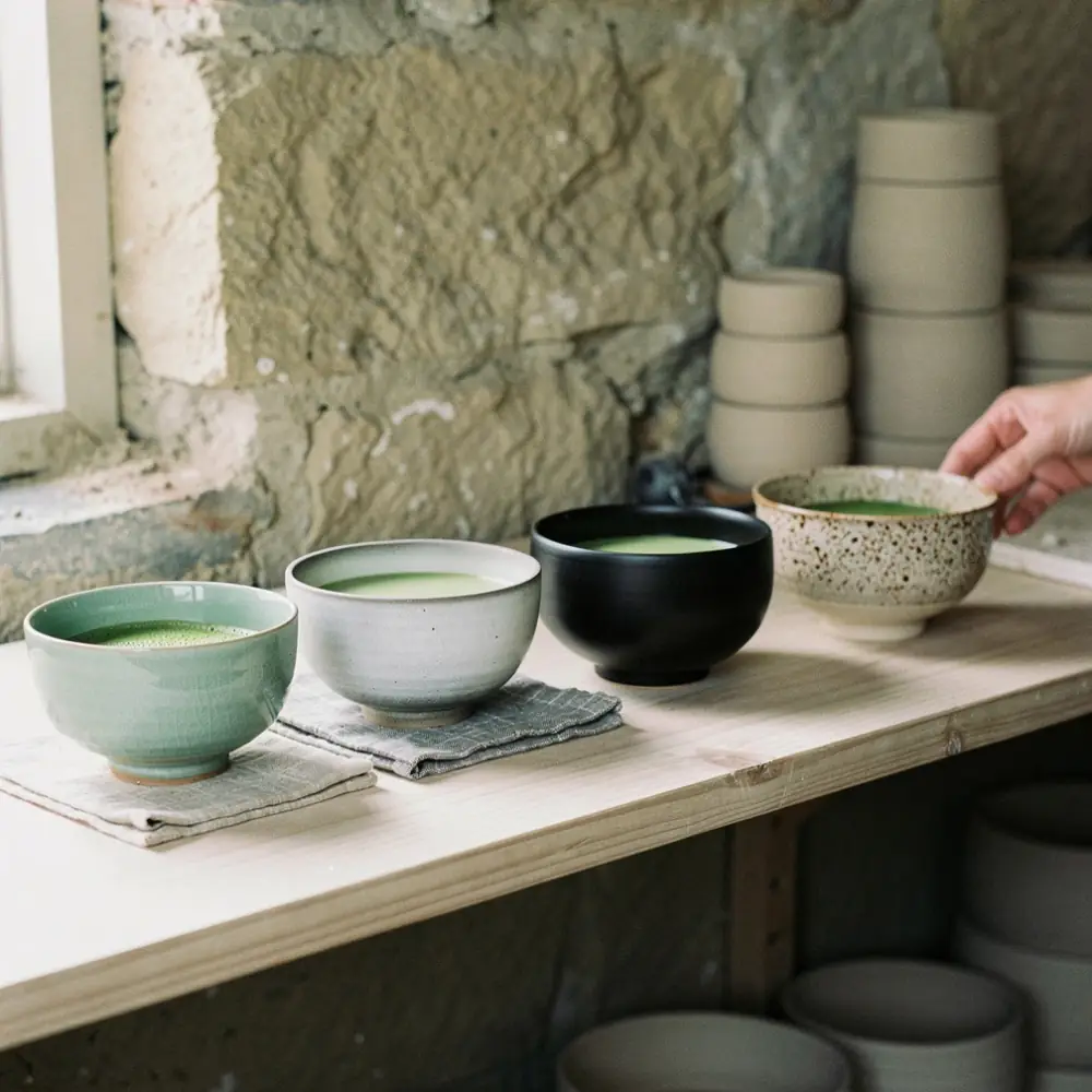 Handmade chawan tea bowls with celadon, ash and iron glazes