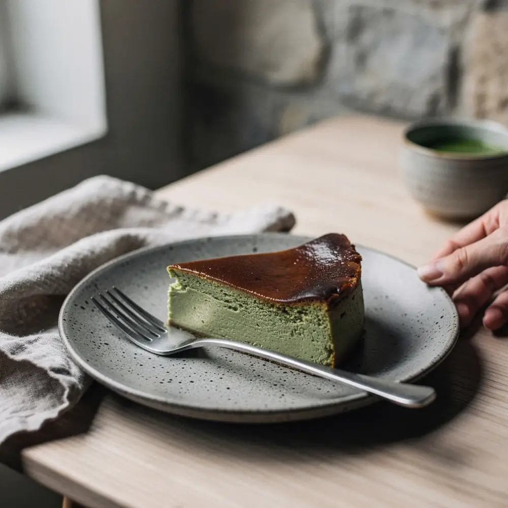 A slice of matcha basque cheesecake with a caramelised top