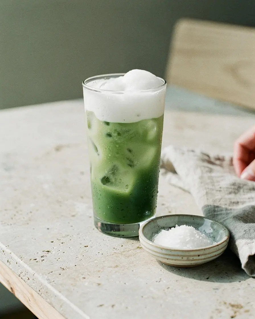 A tall glass of cloud matcha with cold foam over green matcha and ice