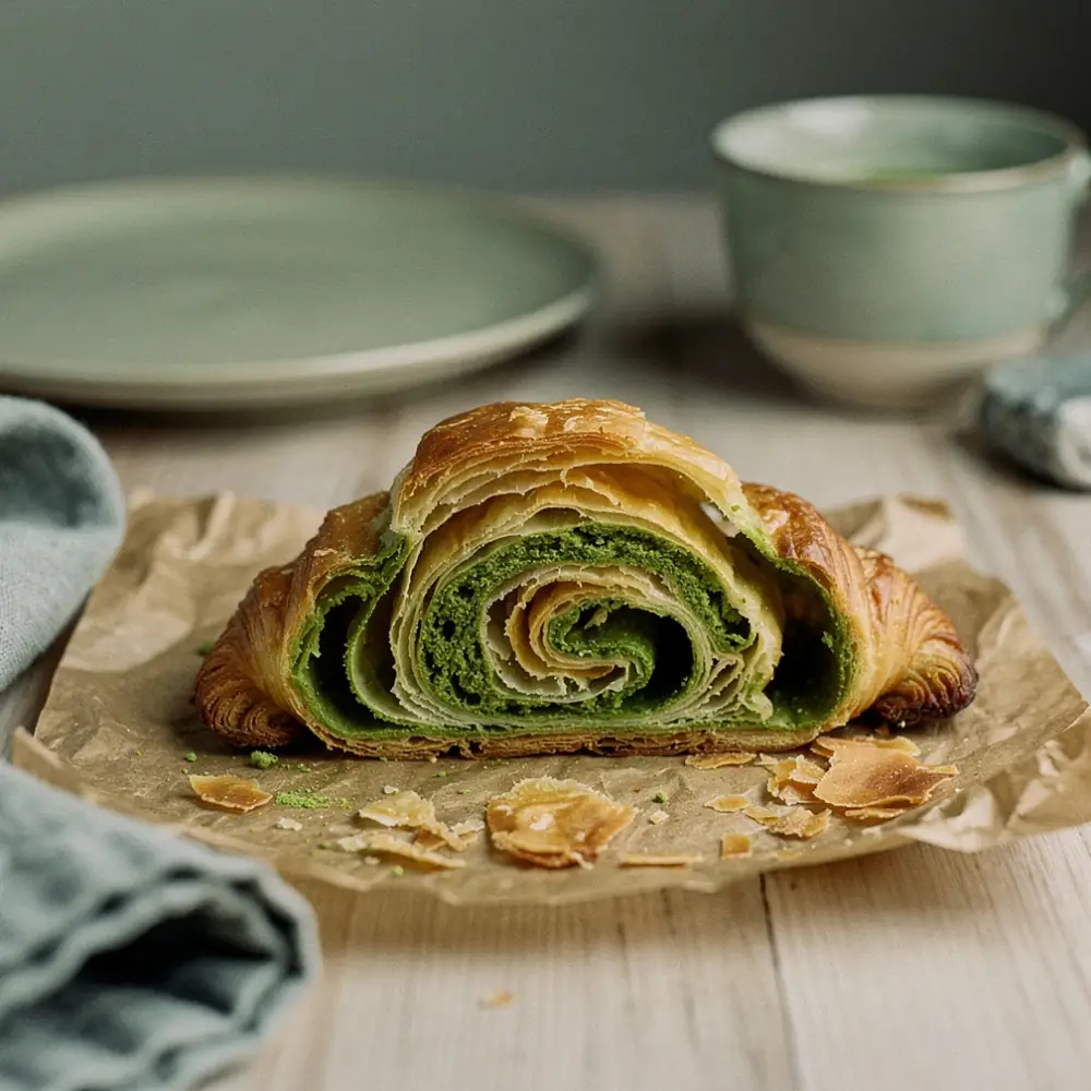 A matcha croissant cut in half showing green laminated layers