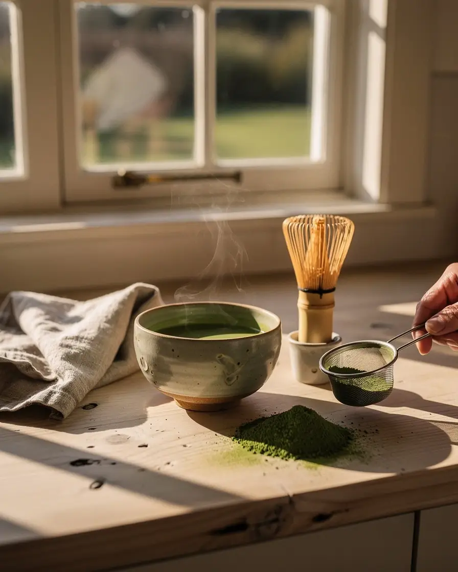 A matcha bowl, whisk and sifter on a timber bench in early morning sun