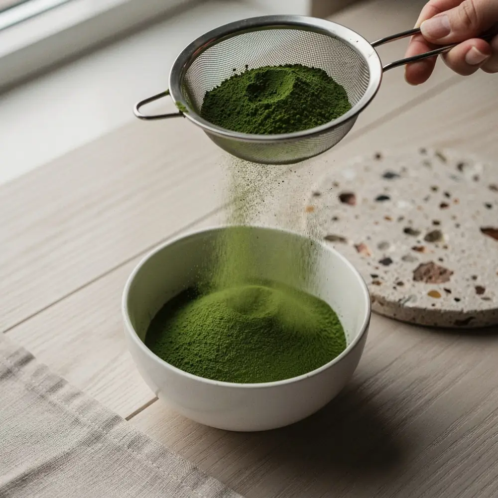 Matcha powder being sifted through a fine sieve into a white bowl