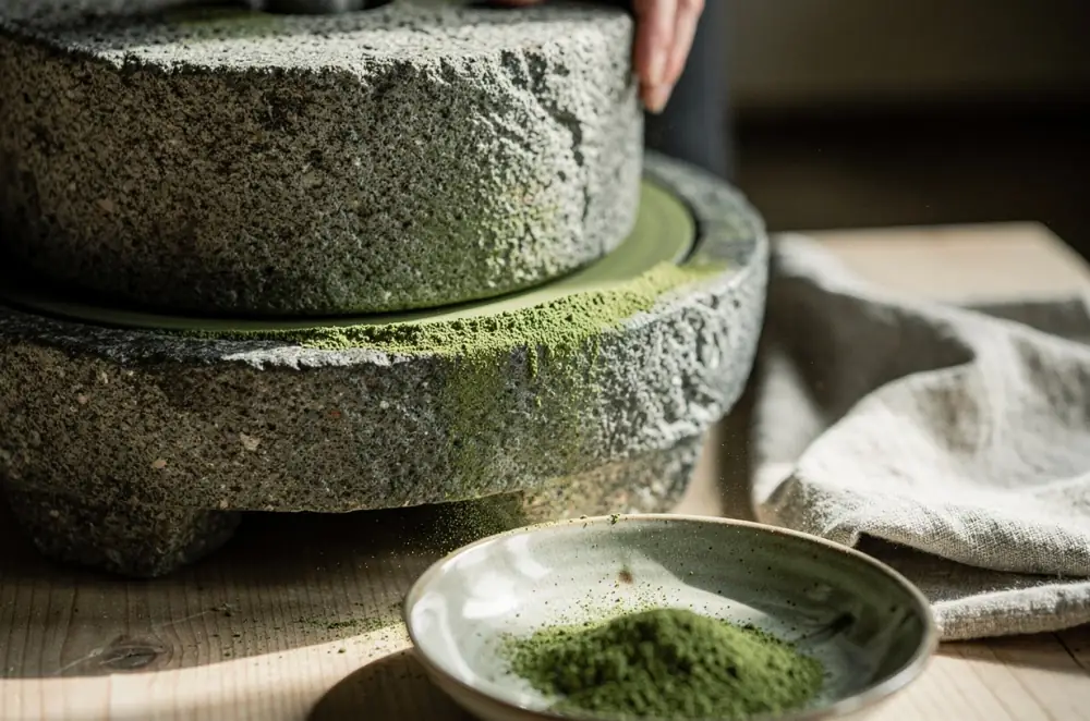A granite stone mill grinding tencha into matcha
