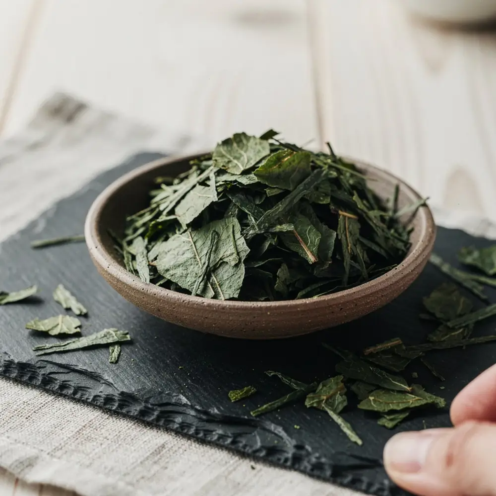 Flakes of dried tencha leaf in a shallow clay dish